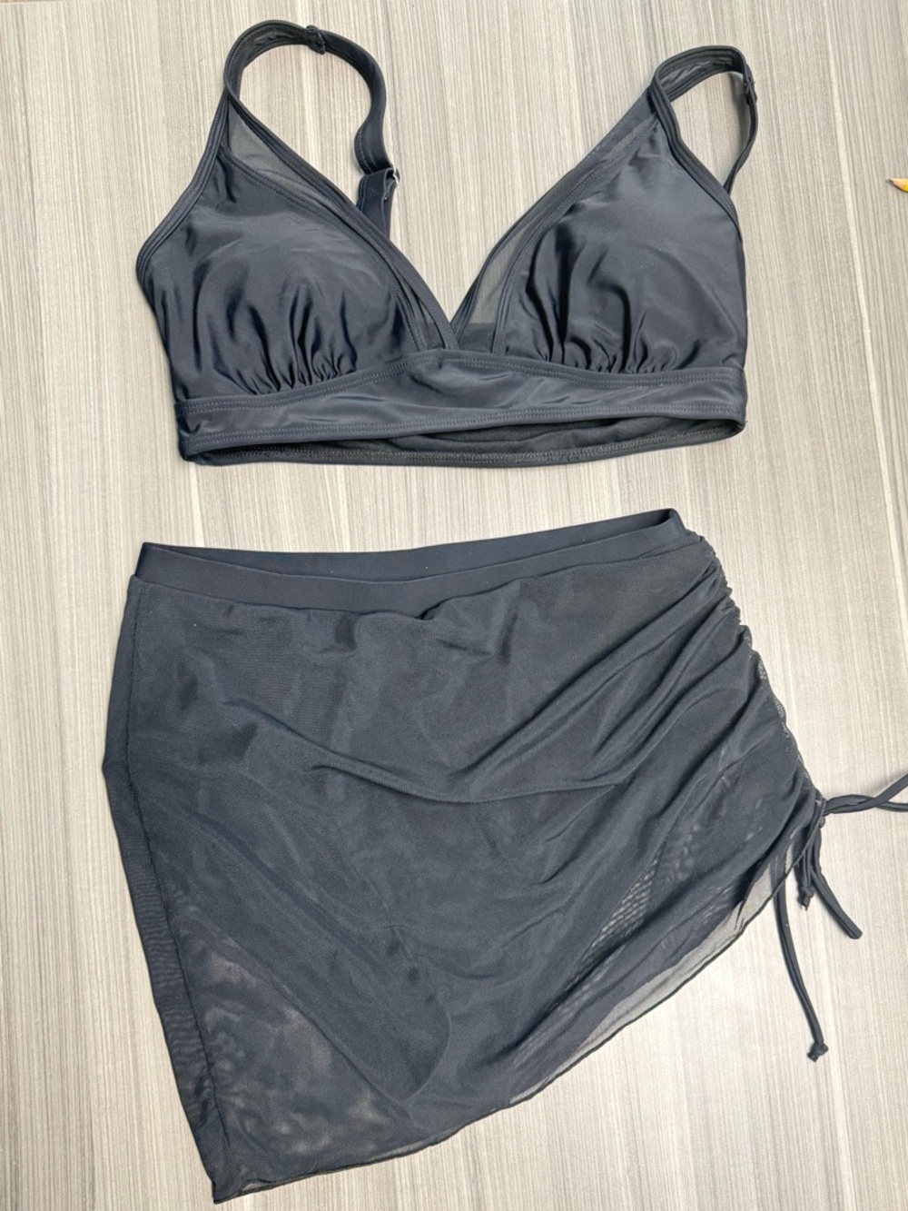 Black Two-Piece Swim Set with Ruched Side Skirt